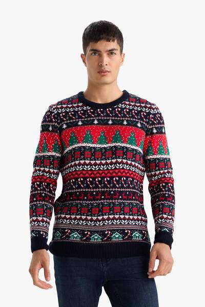 DeFacto Standard Fit Christmas Themed Crew Neck Knitwear Sweater D5485Ax24Wn