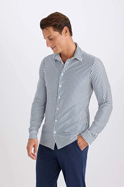 DeFacto Slim Fit Dar Kesim Polo Yaka Çizgili Uzun Kollu Gömlek D4563AX24AU
