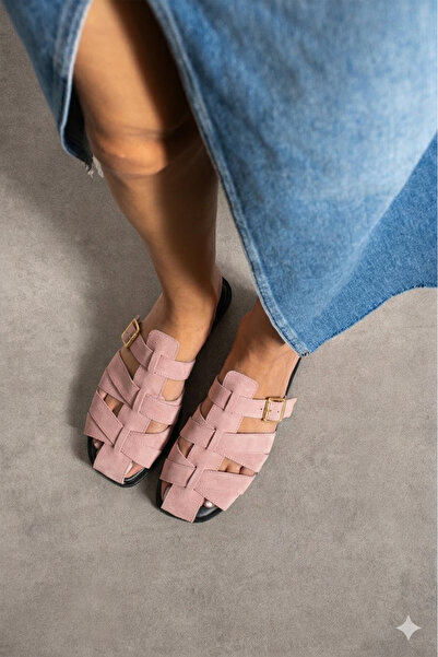 diya shoes بودرة شاي يوشي جلد سويدي مع الملحقات حزام تفاصيل إبزيم للنساء شبشب