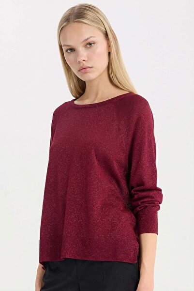 DeFacto Regular Fit Crew Neck Basic Plain Claret Red Knitwear Sweater C6818Ax...