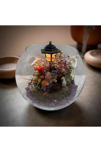 FLORİVYA Cam Fanus İçinde Işıklı Dekoratif Teraryum – El Yapımı Masa Üstü Ayd...