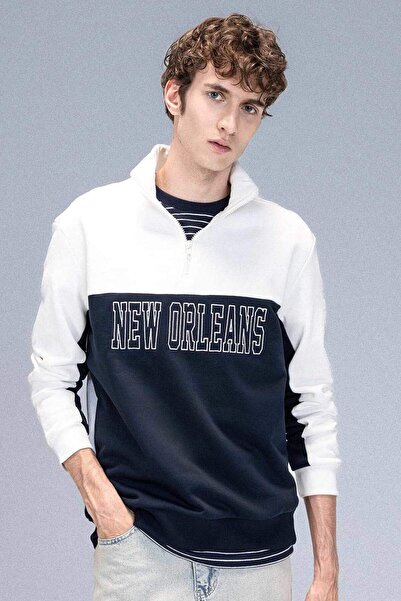 DeFacto Hanorac gros imprimat cu jumătate de fermoar, cu guler ridicat, relax...