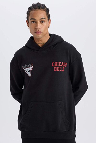 DeFacto Nba Chicago Bulls Boxy Fit Hooded Back Printed Thick Sweatshirt D6574...