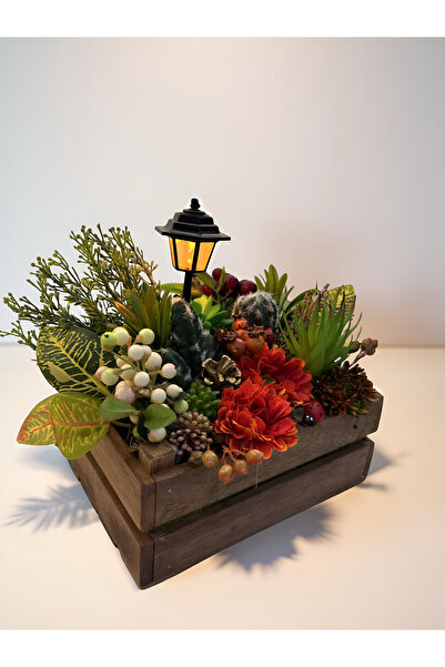 FLORİVYA Yapay Çiçekli Ahşap Kutu Masaüstü Dekor Ürünü Işıklı Yapay Çiçek Ara...