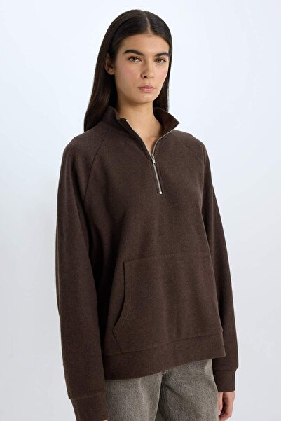 DeFacto Dukserica, oversize, kengur džep, rajsferšlus, polo kragna, E0741AX24WN