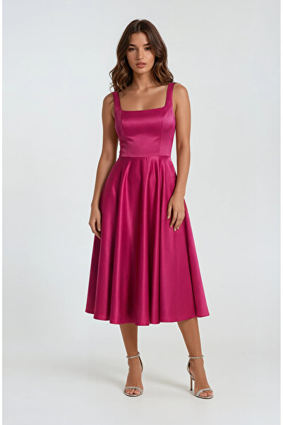 Spazio Nema Sırtı Çapraz Bağlamalı U Yaka Midi Abiye Elbise FUŞYA