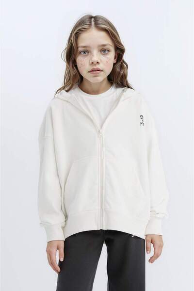 DeFacto Oversize Geniş Kalıp Kapüşonlu Baskılı Fermuarlı Sweatshirt Kız Çocuk...