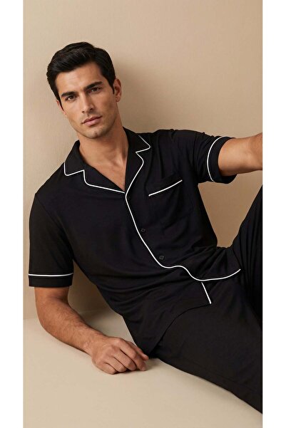 Katia&Bony Set de pijamale pentru bărbați cu nasturi argintii, negru