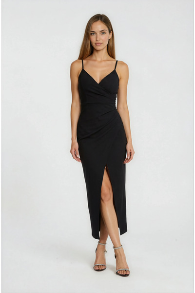 Spazio Ornelio Kruvaze Yaka İnce Askılı Asimetrik Uzun Abiye Elbise SİYAH