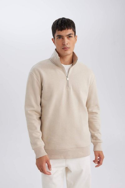 DeFacto Men's Beige 3 Thread Cotton Raised Fleece Inside Regular Fit Stand Collar Zippered Thick Sweatshirt
