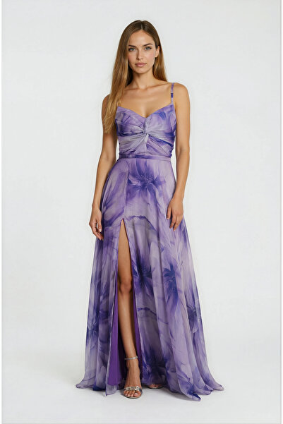 Spazio Randone Kedi Kulağı Straplez Önü Düğimlü Yırtmaçlı Uzun Abiye Elbise MOR