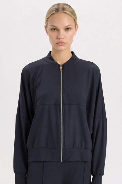 DeFacto College Collar Zipper Pocket Basic Plain Bomber Cardigan E3952Ax24Wn