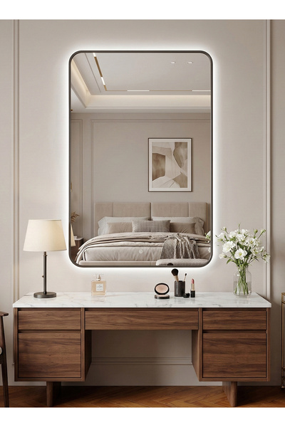 Taimi مرآة حائط 90×70 سم - مرآة بتصميم أنيق مع 3 مستويات إضاءة، مرآة مكياج لغ...