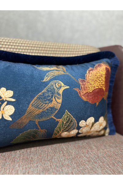 Fabricland Imported Silk Velvet Navy Blue Rectangular (50X30 cm) Classic Bird Tufted Throw Pillow Cover (Double-Sided)