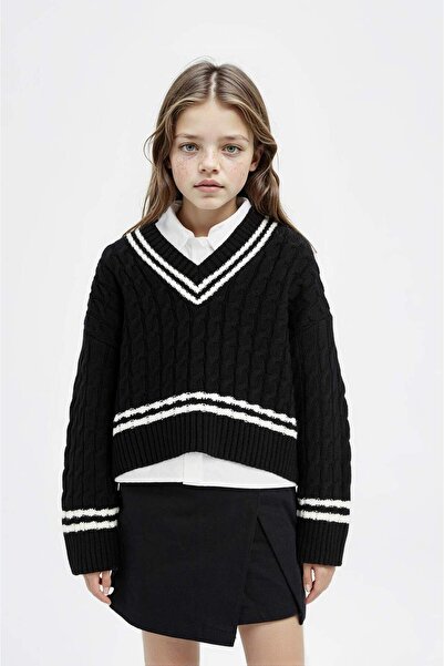 DeFacto Pulover tricot împletit cu păr cu decolteu în V pentru fete D8557a8ns