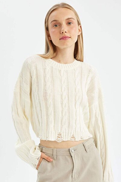 DeFacto Πλεκτό πουλόβερ με κανονική εφαρμογή Crew Neck Hair Braided A8151AX24WN