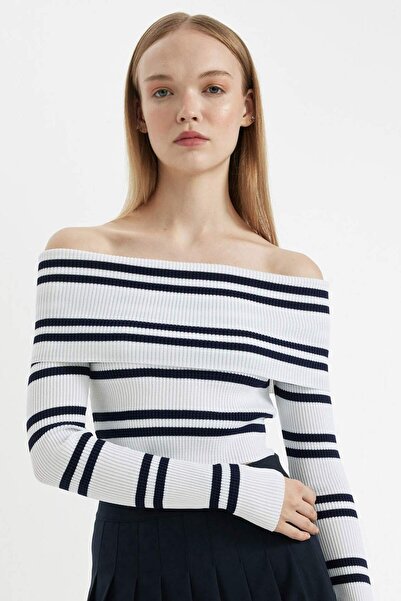 DeFacto Pulover tricotaj cu umăr deschis în dungi Slim Fit C8914ax24wn