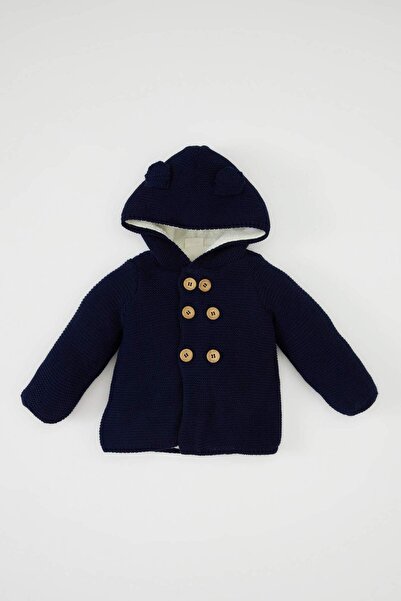 DeFacto Baby Boy Navy Blue Fleece Inside Double Button Hooded Knitwear Cardig...