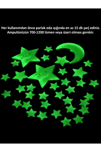 Giraffe Sticker Yeşil Karanlıkta Parlayan Fosforlu Ay ve Yıldız Tasarımlı Dekoratif Sticker 36 Adet