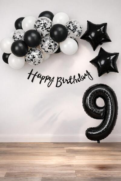 Patladı Gitti Set de sărbătoare pentru 9 ani Black Concept; Balon alb cu conf...
