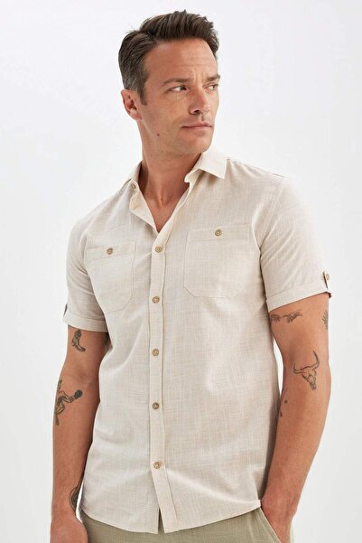 DeFacto Slim Fit Slim Fit Polo Neck Linen Look Short Sleeve Shirt 24Y 801007250