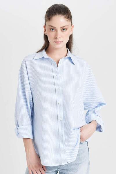 DeFacto Oversize Geniş Kalıp Çizgili Oxford Uzun Kollu Gömlek D4015AX24AU