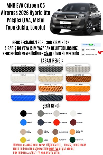 MNB EVA Citroen C5 Aircross 2026 Hybrid Oto Paspas (EVA, Metal Topukluklu, Logolu)