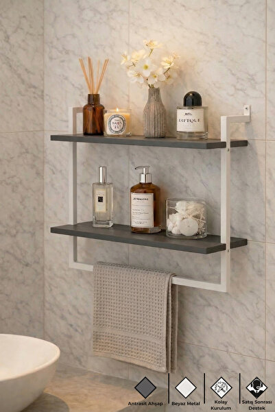 Euromob 60x20 cm Banyo Rafı Duvara Monte Havluluk 2 Katlı Dekoratif Düzenleyi...