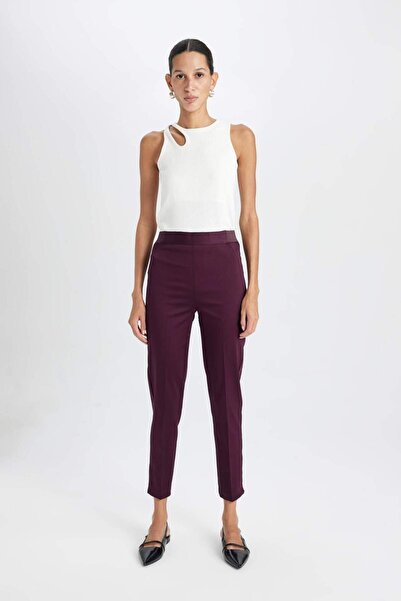 DeFacto Burgundy Satin Cigarette Pants - Elastic Waist, Straight Leg J8743Az24Wn