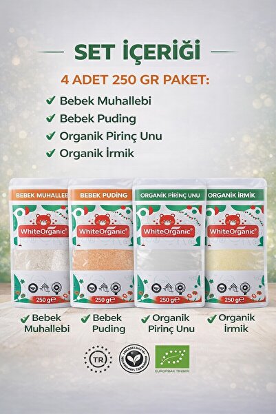 White Organic Bebek Muhallebi+Bebek Puding+Bebek İrmiği+Pirinç Unu Ek Gıda Se...