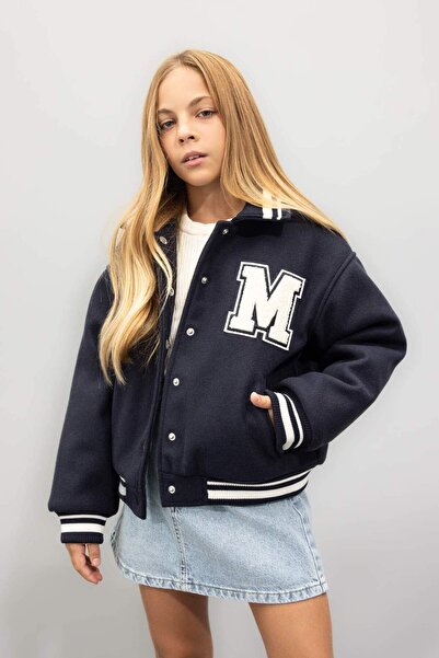 DeFacto Palton de colegiu cu mâneci cu volane și imprimeu text pentru fete C5...