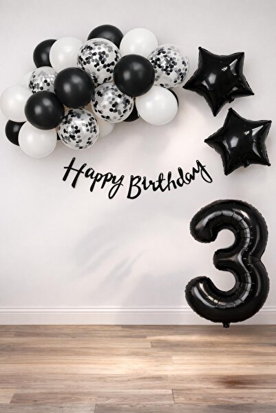 Patladı Gitti Set de sărbătoare pentru 3 ani Black Concept; Balon alb cu conf...