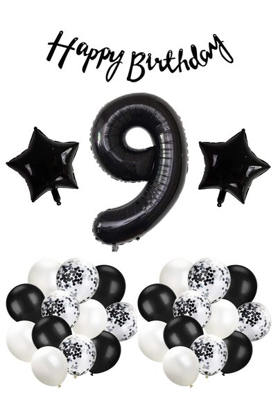 Patladı Gitti Black Concept 9Th Birthday Celebration Set; White Balloon with Black Confetti, Number Star Foil and Banner