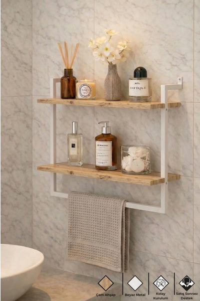Euromob 60x20 cm Banyo Rafı Duvara Monte Havluluk 2 Katlı Dekoratif Düzenleyi...