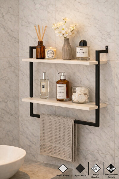 Euromob 60x20 cm Banyo Rafı Duvara Monte Havluluk 2 Katlı Dekoratif Düzenleyi...