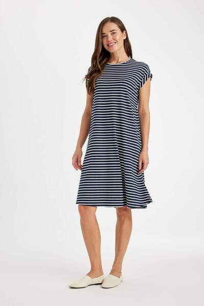 DeFacto A-Line Striped Crew Neck Short Sleeve Midi Dress D4660Ax24Hs