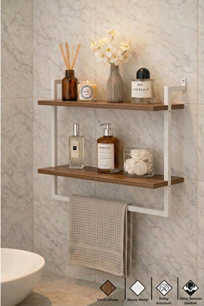 Euromob 60x20 cm Banyo Rafı Duvara Monte Havluluk 2 Katlı Dekoratif Düzenleyi...
