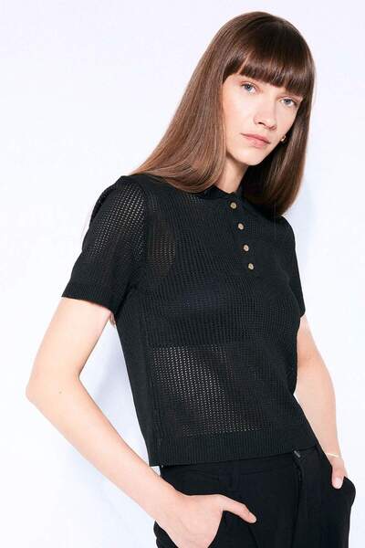 DeFacto Regular Fit Openwork Polo Neck Short Sleeve Black Knitwear Sweater D4...