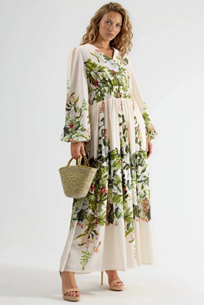 Hiccup MSN Рокля с дълъг ръкав, V-образно деколте и флорален мотив