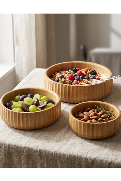 MİS KİTCHEN Set of Bamboo Serving Bowls 22-18-14 cm Natural Bamboo Snack Brea...