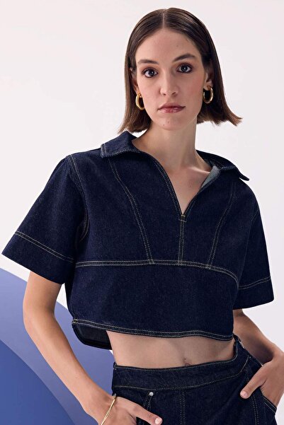 DeFacto Модна дънкова блуза с поло яка и къс ръкав D3716AX24AU