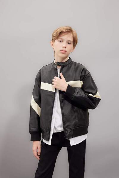 DeFacto Водоустойчива бомбър яке с колежански яка Черно момчешко палто C4322A...