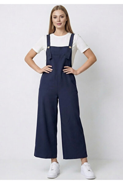 Little Visqon Kadın Lacivert Geniş Paça Keten Görünümlü Bahçıvan Askılı Rahat...