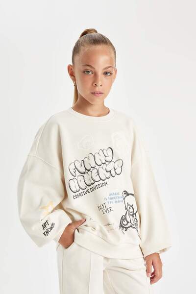 DeFacto Oversized Wide Fit Crew Neck Teddy Bear Printed Sweatshirt Girl Child...