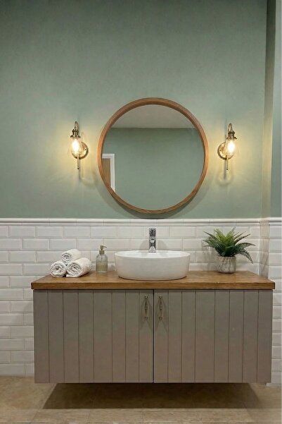 AdnDesing Banyo Dolabı-Asma 2 Kapaklı-Lavabolu-Ahşap-Mat Vizon-Mdf 90 Cm-Aynalı