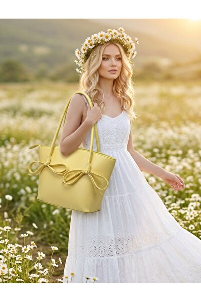H&D COLLECTİON Women's Sandy Yellow Bowknot Clutch Bag Length 23 - Width 34
