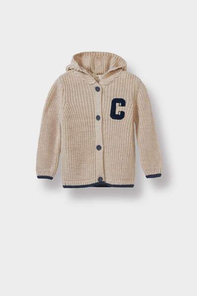 DeFacto Tricotaj cu glugă, broderie cu litere, cardigan cu nasturi pentru băi...