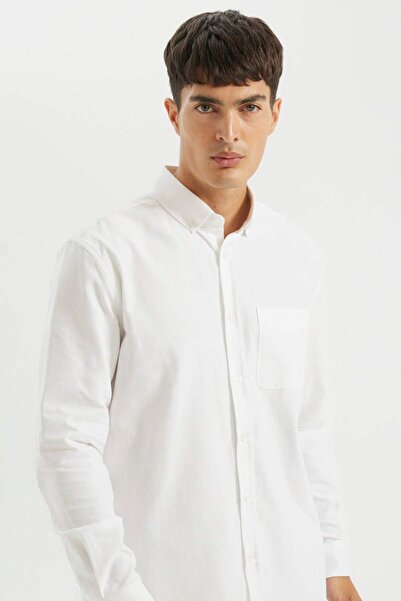 DeFacto %100 Pamuk Regular Fit Polo Yaka Oxford Basic Düz Uzun Kollu Beyaz Gö...