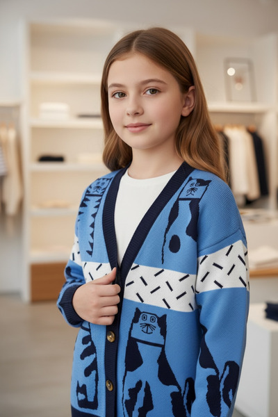 Minimoda Kids Kız çocuk kedi baskılı hırka