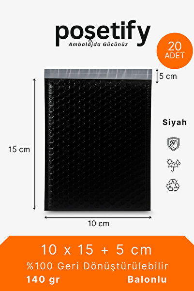 POŞETİFY Balonlu Kargo Poşeti 10x15x5 cm | 20 Adet | Siyah | Balonlu Naylon T...